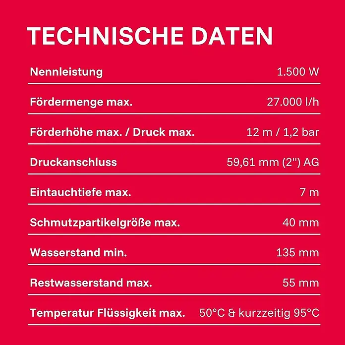 T.I.P. Schmutzwasserpumpe EXTREMA 450/12 IX-S - 1.500 W, Max. Fördermenge: 27.000 l/h, Eintauchtiefe: 7 m - Tabelle mit technischen Daten und Spezifikationen wie Leistung, Förderhöhe, Durchfluss und Temperaturgrenzen des Produkts.