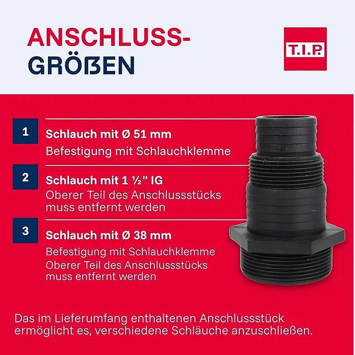 T.I.P. Schmutzwasserpumpe EXTREMA CUT 300/18 CX - 2.000 W, Max. Fördermenge: 18.000 l/h, Eintauchtiefe: 7 m - Vielseitiger schwarzer Kunststoff-Schlauchanschluss für verschiedene Schlauchdurchmesser, anpassbar durch Entfernen von Teilen.