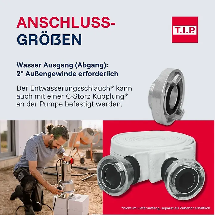 T.I.P. Schmutzwasserpumpe EXTREMA CUT 300/18 CX - 2.000 W, Max. Fördermenge: 18.000 l/h, Eintauchtiefe: 7 m - Weißer Entwässerungsschlauch mit C-Storz Kupplungen und C-Storz Adapter zur Pumpenverbindung.
