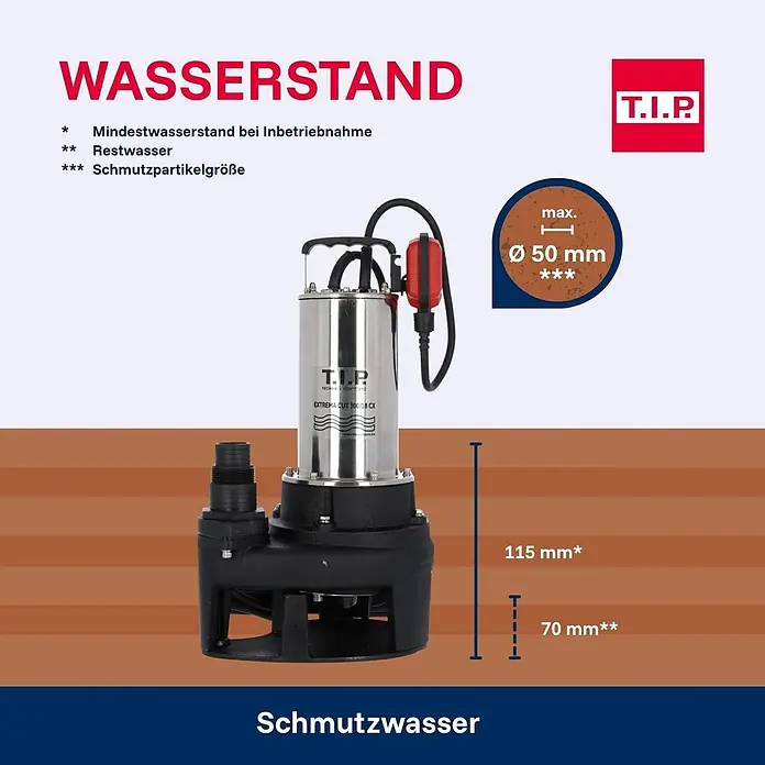 T.I.P. Schmutzwasserpumpe EXTREMA CUT 300/18 CX - 2.000 W, Max. Fördermenge: 18.000 l/h, Eintauchtiefe: 7 m - Silberne T.I.P. Tauchpumpe für Schmutzwasser, mit Angabe der Mindestwasserstände und Partikelgröße.