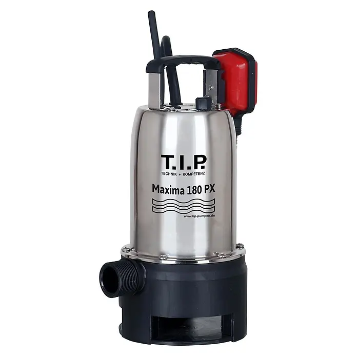 T.I.P. Schmutzwasserpumpe MAXIMA 180 PX - 500 W, Max. Fördermenge: 10.500 l/h, Eintauchtiefe: 7 m - Tauchpumpe aus silbernem Edelstahl mit schwarzem Sockel, schwarzem Griff und rotem Schwimmerschalter. Marke T.I.P. Maxima 180 PX.