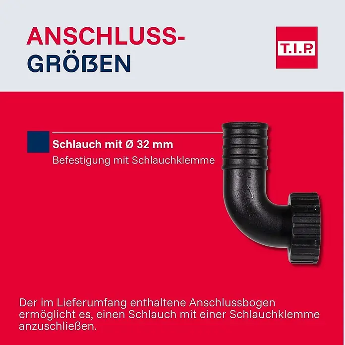 T.I.P. Schmutzwasserpumpe MAXIMA 180 PX - 500 W, Max. Fördermenge: 10.500 l/h, Eintauchtiefe: 7 m - Schwarzer Kunststoff-Anschlussbogen für 32mm Schlauch, Befestigung mit Schlauchklemme.
