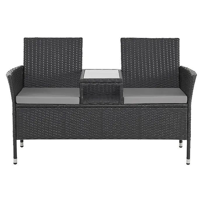 SVITA Gartenbank CHICAGO - B x T x H: 134 x 62 x 84 cm, Stahl, Polyrattan, Glas, Schwarz, Höhenverstellbar - Dunkelgraues Rattan-Gartensofa mit zwei Sitzen, grauen Kissen und einem integrierten Mitteltisch mit Glasplatte.