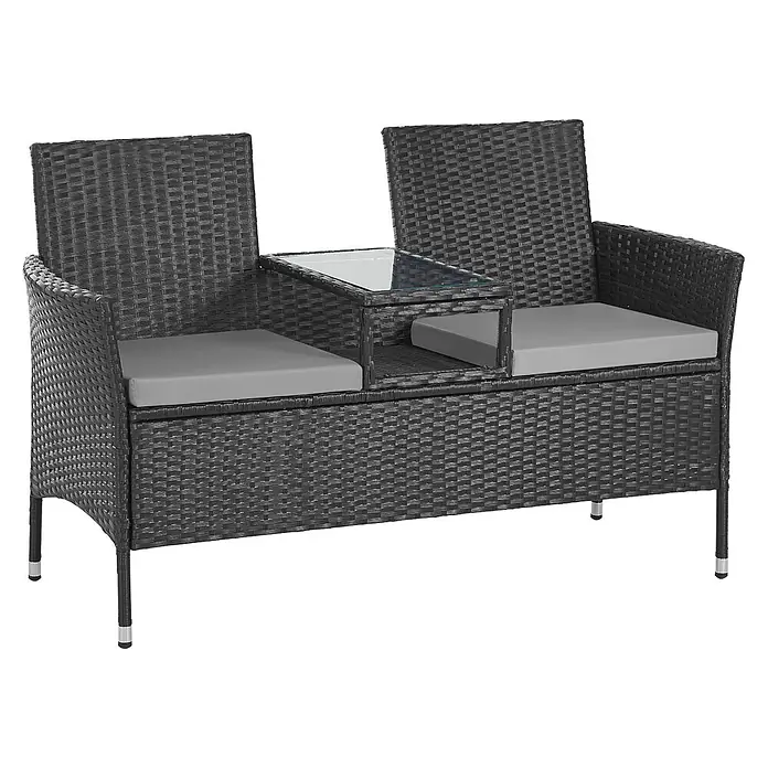 SVITA Gartenbank CHICAGO - B x T x H: 134 x 62 x 84 cm, Stahl, Polyrattan, Glas, Schwarz, Höhenverstellbar - Dunkelgraues Rattan-Gartensofa für zwei Personen mit integriertem Glastisch und grauen Kissen.