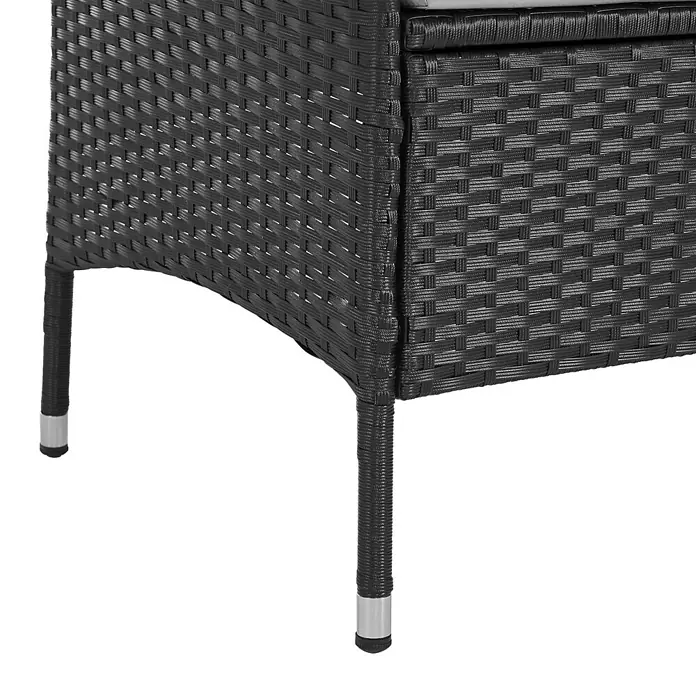SVITA Gartenbank CHICAGO - B x T x H: 134 x 62 x 84 cm, Stahl, Polyrattan, Glas, Schwarz, Höhenverstellbar - Detailaufnahme von dunklen Polyrattan-Gartenmöbeln mit silberfarbenen Fußkappen.