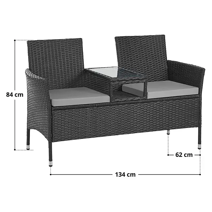 SVITA Gartenbank CHICAGO - Stahl, Polyrattan, Glas, Grau, Höhenverstellbar - Dunkelgraue Rattan-Gartenbank für 2 Personen mit integriertem Glastisch und grauen Kissen. Maße: 134x84x62 cm.