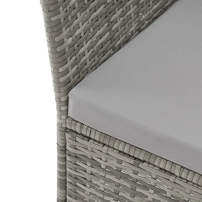 SVITA Gartenbank CHICAGO - Stahl, Polyrattan, Glas, Grau, Höhenverstellbar - Nahaufnahme eines grauen Korbstuhls mit hellgrauem Stoffkissen, das die geflochtene Textur hervorhebt.