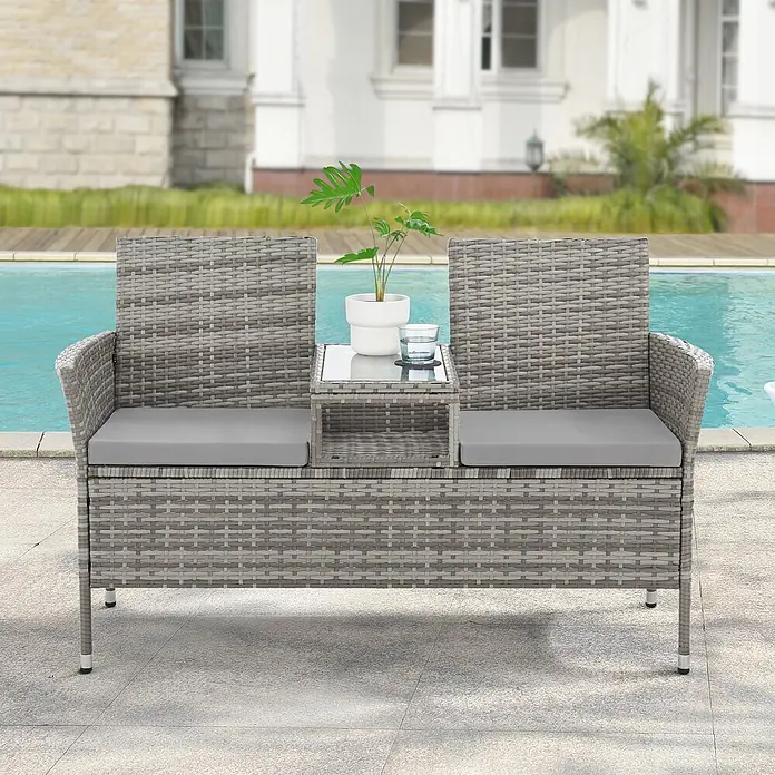 SVITA Gartenbank CHICAGO - Stahl, Polyrattan, Glas, Grau, Höhenverstellbar - Graue Rattan-Gartenbank mit integriertem Glastisch und Polstern, ideal für Entspannung am Pool.