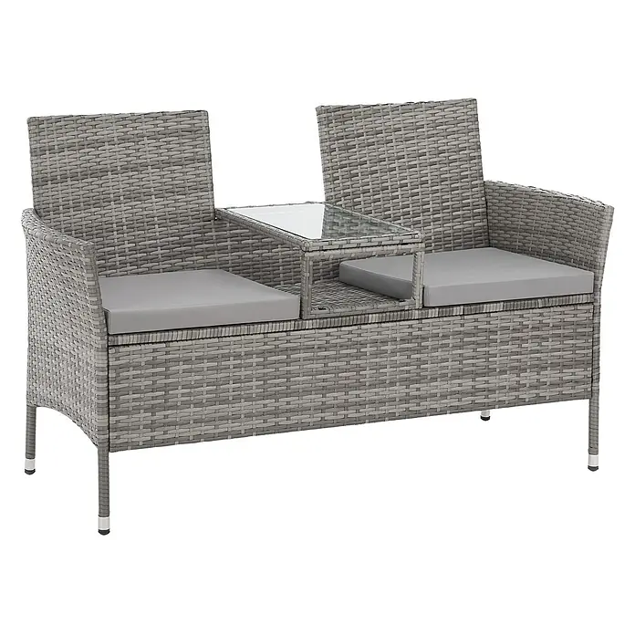 SVITA Gartenbank CHICAGO - Stahl, Polyrattan, Glas, Grau, Höhenverstellbar - Graues Rattan Outdoor-Liebessitz mit integriertem Glastisch und zwei grauen Kissen.