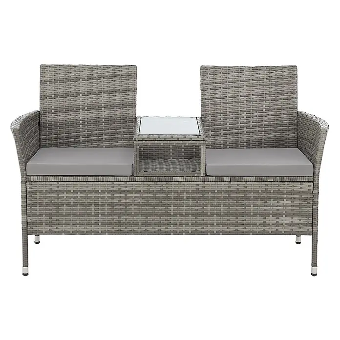 SVITA Gartenbank CHICAGO - Stahl, Polyrattan, Glas, Grau, Höhenverstellbar - Graue Rattan-Gartenbank für zwei Personen mit grauen Kissen und integriertem Glastisch.