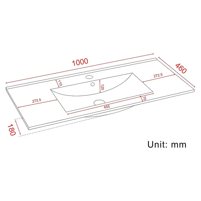 LOMAZOO Badmöbel-Set LM-VER-GW-WW-100 - Gesamtbreite Badmöbel: 100 cm, Glänzend weiß - Weiße rechteckige Waschtischplatte mit integriertem Waschbecken, Maße detailliert.