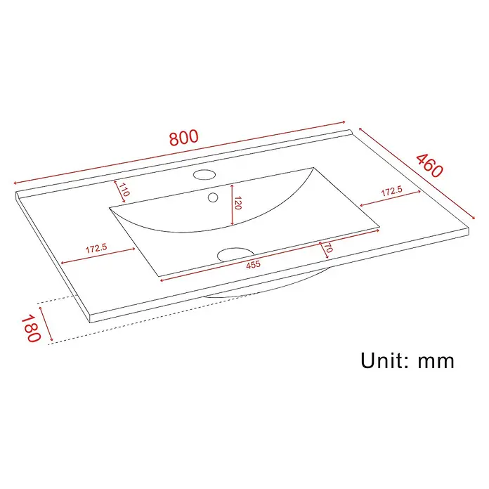 LOMAZOO Badmöbel-Set LM-MAR-WE-WW-80 - Gesamtbreite Badmöbel: 80 cm, Warme Eiche - Technische Zeichnung einer Waschtischplatte mit integriertem Waschbecken und Hahnlöchern, mit Maßen. Gesamt: 800x460mm, Tiefe: 180mm.