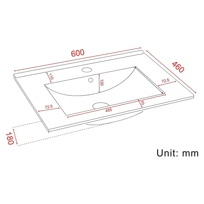 LOMAZOO Badmöbel-Set LM-MAR-GW-WW-60 - Gesamtbreite Badmöbel: 60 cm, Glänzend weiß - Rechteckiger weißer Keramik-Waschtisch mit integriertem Becken und Maßen.