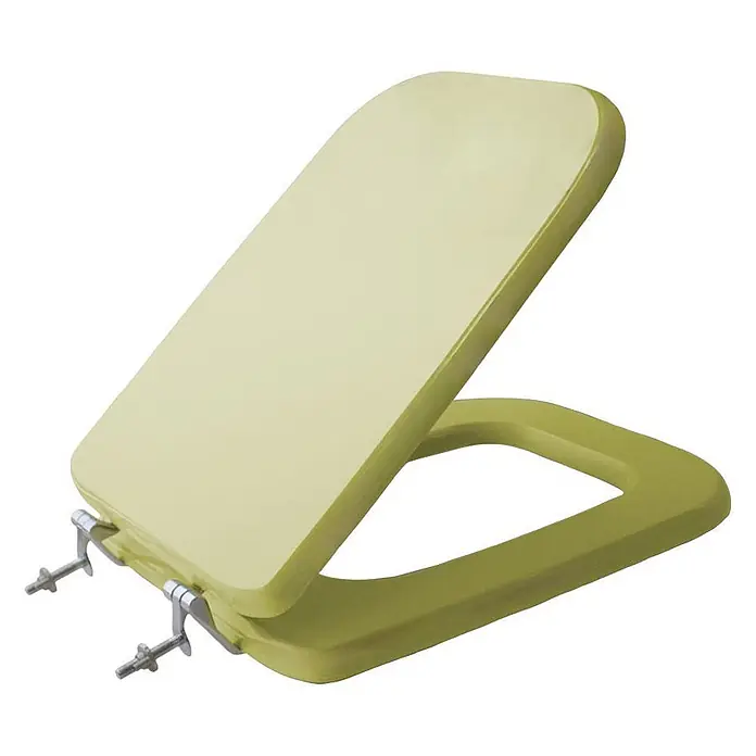 Kiamami Valentina WC-Sitz - Beige - Hellgrüner Toilettensitz mit geöffnetem Deckel und Scharnieren.