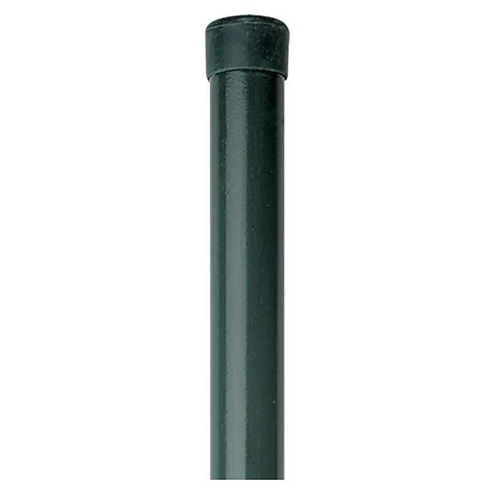 Alberts Zaunpfosten - Länge: 122,5 cm, Durchmesser: 34 mm, Grün, Metall, Ohne Spanndraht - Nahaufnahme einer grünen Metallstange mit einer schwarzen Kunststoffkappe oben, ideal für Gartenprojekte und Pflanzenstützen.