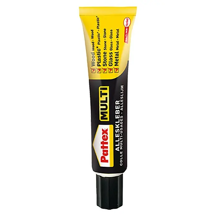 Pattex Alleskleber Multi - 20 g, Flüssig, Gebrauchsfertig - Abbildung einer Tube Pattex Multi Alleskleber. Der Kleber ist für Holz, Kunststoff, Stein, Glas und Metall geeignet.