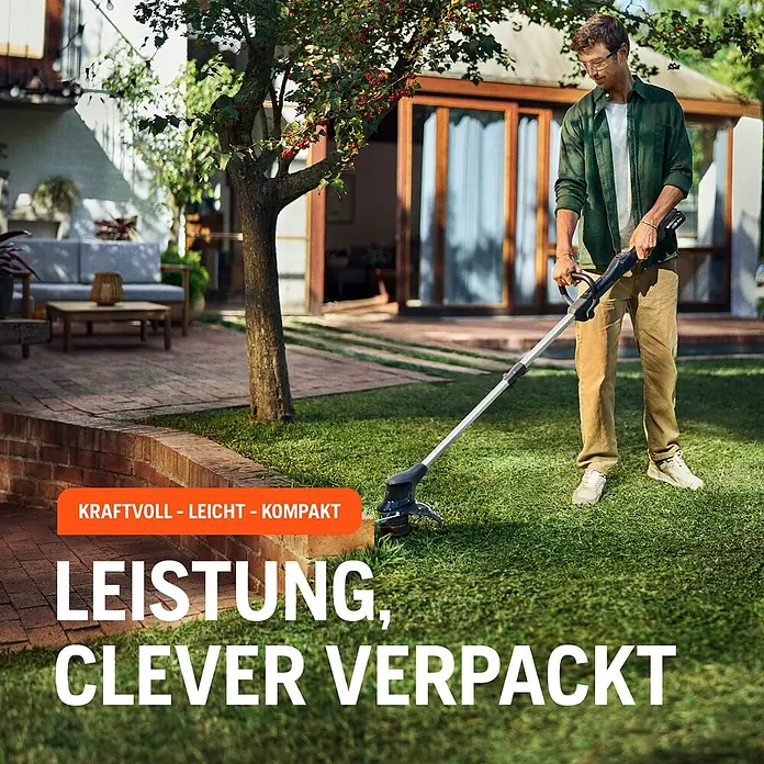 Husqvarna Akku-Rasentrimmer Aspire T28-P4A - 18 V, 2,5 Ah, Li-Ionen, 1 Akku, Schnittbreite Faden: 28 cm - Mann trimmt Rasen im Garten mit einem leistungsstarken, leichten Rasentrimmer.