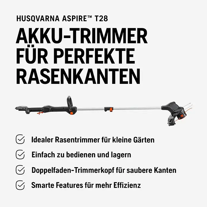 Husqvarna Akku-Rasentrimmer Aspire T28-P4A - 18 V, 2,5 Ah, Li-Ionen, 1 Akku, Schnittbreite Faden: 28 cm - Husqvarna Aspire T28 Akku-Rasentrimmer in Dunkelgrau und Silber mit orangefarbenen Akzenten.