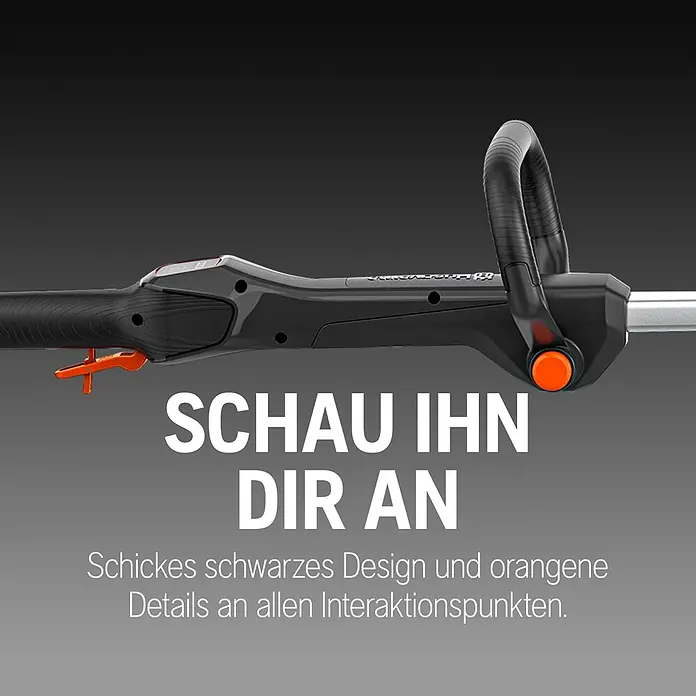 Husqvarna Akku-Rasentrimmer Aspire T28-P4A - 18 V, 2,5 Ah, Li-Ionen, 1 Akku, Schnittbreite Faden: 28 cm - Schwarzer Elektrowerkzeug-Griff mit orangen Akzenten an Abzug, Knopf und ergonomischem Haltegriff.