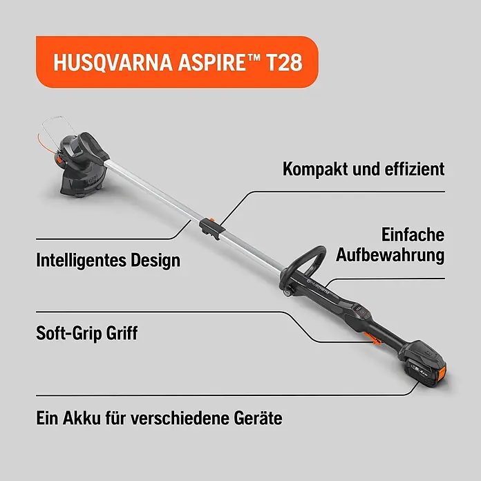 Husqvarna Akku-Rasentrimmer Aspire T28-P4A - 18 V, 2,5 Ah, Li-Ionen, 1 Akku, Schnittbreite Faden: 28 cm - Husqvarna Aspire T28 Akku-Rasentrimmer. Schwarz-grau mit orangen Akzenten, zeigt sein kompaktes, intelligentes Design und den Soft-Grip-Griff.