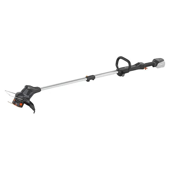 Husqvarna Akku-Rasentrimmer Aspire T28-P4A - 18 V, 2,5 Ah, Li-Ionen, Ohne Akku, Schnittbreite Faden: 28 cm - Akku-Rasentrimmer mit schwarzem und silbernem Schaft, schwarzen Griffen und orangefarbenen Akzenten.