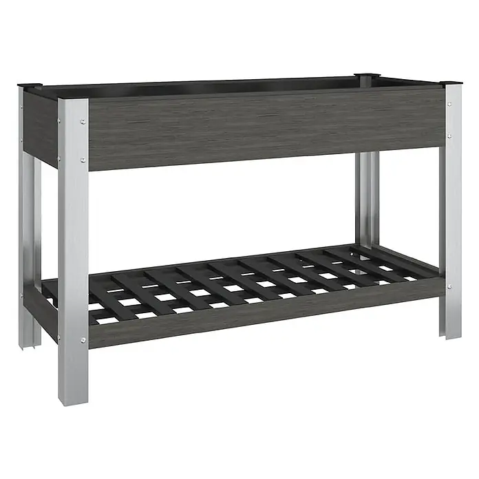 Furnicato Hochbeet Holz-Kunststoff-Verbundwerkstoff - 120 x 50 x 75 cm, Verbundwerkstoff, Grau - Hochbeet in Dunkelgrau-Holzoptik mit silbernem Metallrahmen und Lattenrost-Ablage.