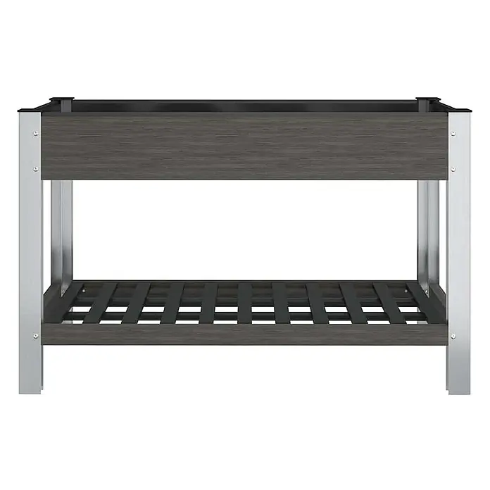 Furnicato Hochbeet Holz-Kunststoff-Verbundwerkstoff - 120 x 50 x 75 cm, Verbundwerkstoff, Grau - Dunkelgrauer Hochbeetständer in Holzoptik mit Lattenboden und silbernen Metallbeinen.