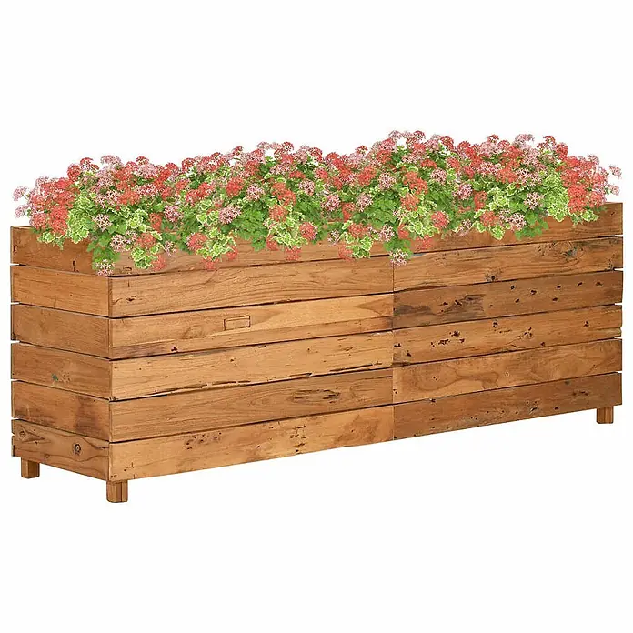 Furnicato Hochbeet Teak-Altholz - 150 x 40 x 55 cm, Holz, Braun - Langer Holz-Pflanzkasten mit roten Blumen und grünem Laub.