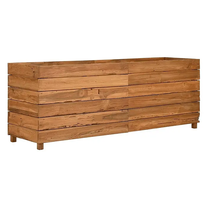 Furnicato Hochbeet Teak-Altholz - 150 x 40 x 55 cm, Holz, Braun - Langer rechteckiger Pflanzkasten aus gestapelten, hellbraunen Holzplanken auf kurzen Beinen.