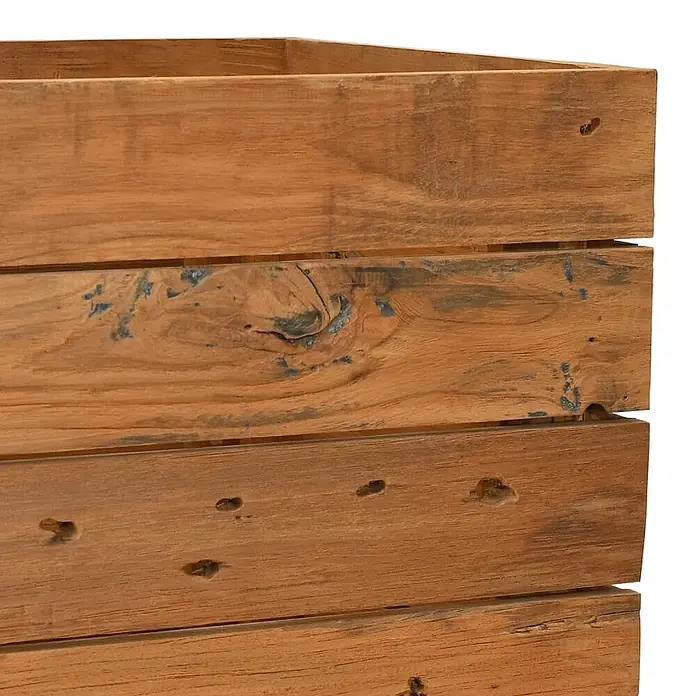 Furnicato Hochbeet Teak-Altholz - 150 x 40 x 55 cm, Holz, Braun - Rustikale Holzkiste mit sichtbaren Ästen und blau/grauen Flecken, aus horizontalen Latten gefertigt.