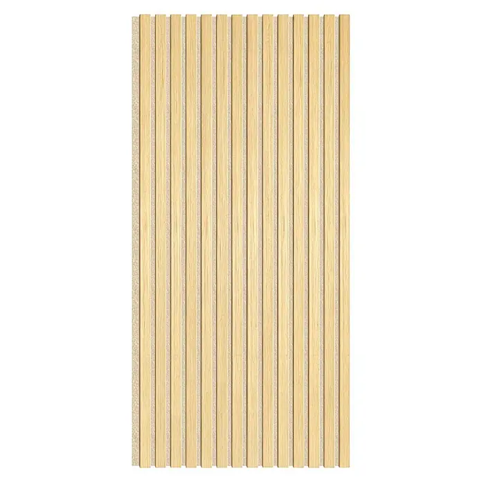 Sonido Akustikpaneel - New Oak Light / beiger Filz, 1.200 x 560 x 18 mm - Vertikales Paneel aus hellen Holzlamellen mit beigem Textiluntergrund.