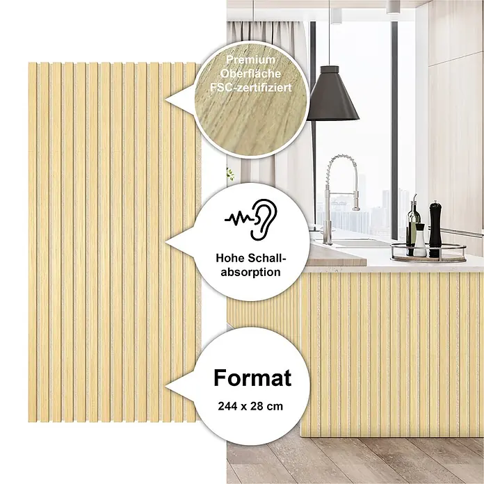 Sonido Akustikpaneel - New Oak Light / beiger Filz, 1.200 x 560 x 18 mm - Akustik-Wandpaneele aus hellem Holz mit Filzunterlage, FSC-zertifiziert, schallabsorbierend und an einer Kücheninsel gezeigt.