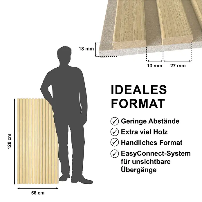 Sonido Akustikpaneel - New Oak Light / beiger Filz, 1.200 x 560 x 18 mm - Akustikpaneel mit hellen Holzlamellen, 120x56 cm. Kompaktes Format, schmale Abstände und EasyConnect-System für unsichtbare Übergänge.