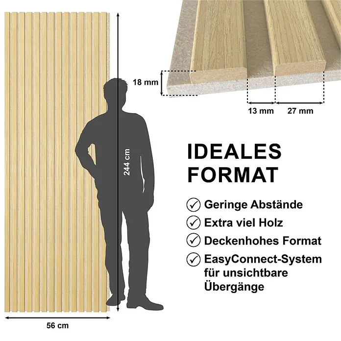 Sonido Akustikpaneel - New Oak Light / beiger Filz, 2.440 x 560 x 18 mm - Akustik-Wandpaneel mit hellbraunen Holzlamellen und Filzunterlage, 244 cm hoch, 56 cm breit, daneben eine Person für den Größenvergleich.