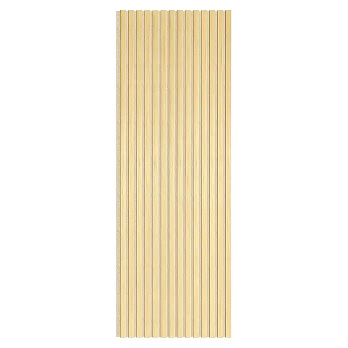 Sonido Akustikpaneel - New Oak Light / beiger Filz, 2.440 x 560 x 18 mm - Hellfarbene Holz-Akustikpaneele mit vertikalen Lamellen.