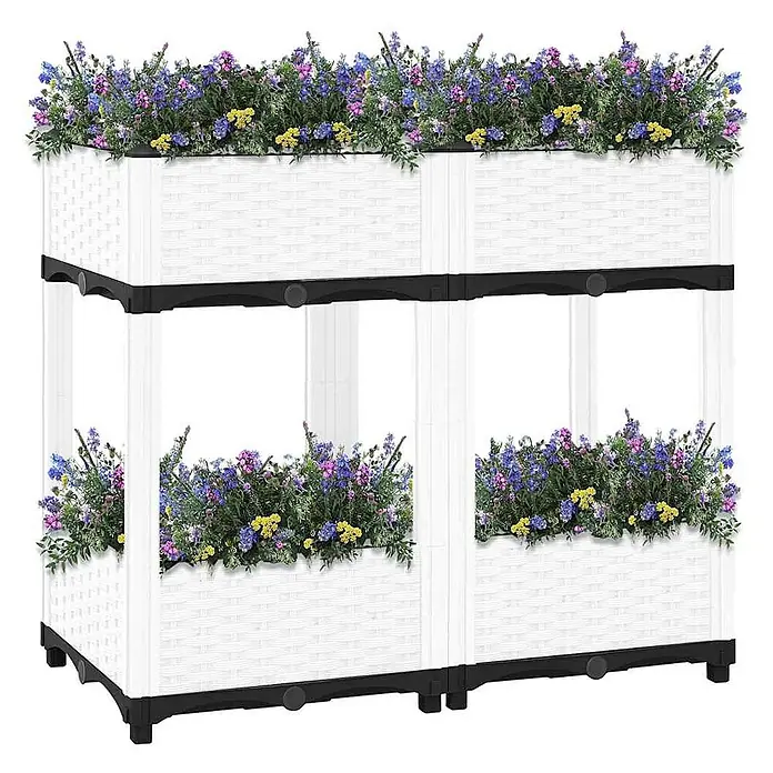 Furnicato Hochbeet Polypropylen - 80 x 40 x 71 cm, Kunststoff, Weiß - Zweistöckiges weißes Kunststoff-Hochbeet in Rattanoptik, gefüllt mit bunten Blumen.