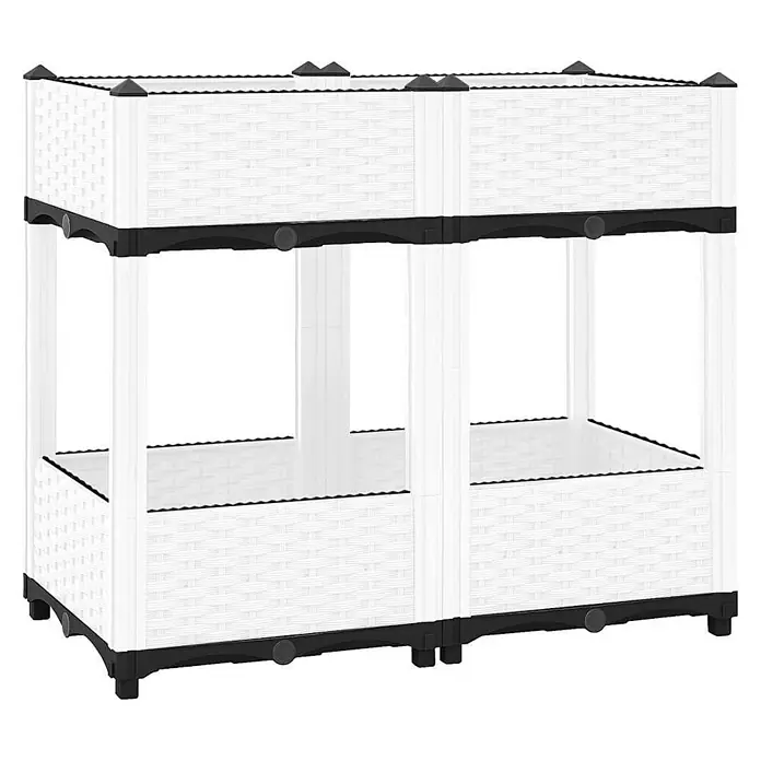 Furnicato Hochbeet Polypropylen - 80 x 40 x 71 cm, Kunststoff, Weiß - Weiß-schwarzes modulares Pflanzgefäß aus Kunststoff mit zwei Ebenen und Rattan-ähnlichen Seiten.