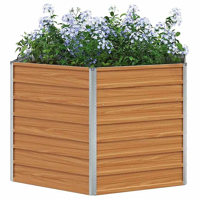 Furnicato Hochbeet Verzinkter Stahl - 129 x 129 x 77 cm, Stahl, Holzoptik - Hellbraunes Hochbeet in Holzoptik mit grauen Metallecken, gefüllt mit lila Blumen.