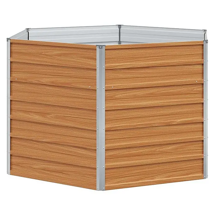 Furnicato Hochbeet Verzinkter Stahl - 129 x 129 x 77 cm, Stahl, Holzoptik - Sechseckiger Komposter mit Holzoptik-Seitenwänden und einem silbernen Metallrahmen, zum Kompostieren von Gartenabfällen.