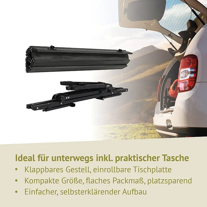 SVITA Campingtisch - L x B x H: 90 x 51,5 x 68 cm, Schwarz - Zusammengeklappter dunkelgrauer Campingtisch mit Rolltischplatte und schwarzem Gestell, bereit zum Transport im Kofferraum für den Außeneinsatz.