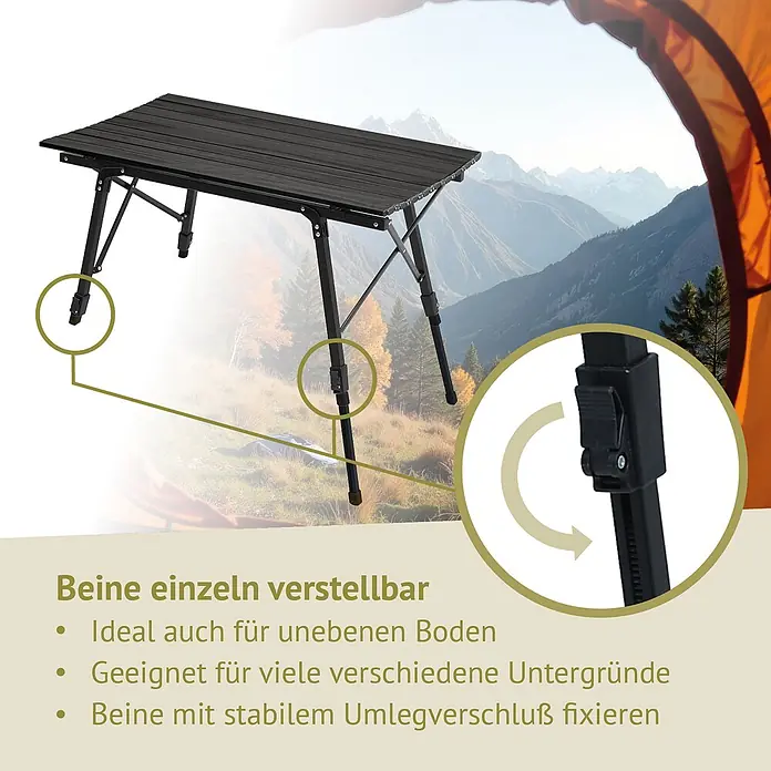 SVITA Campingtisch - L x B x H: 90 x 51,5 x 68 cm, Schwarz - Schwarz klappbarer Campingtisch mit individuell verstellbaren Beinen, ideal für unebenen Untergrund in Berglandschaft.
