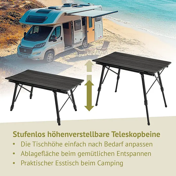 SVITA Campingtisch - L x B x H: 90 x 51,5 x 68 cm, Schwarz - Dunkelgrauer klappbarer Campingtisch mit stufenlos höhenverstellbaren Teleskopbeinen, in zwei Höhen gezeigt.