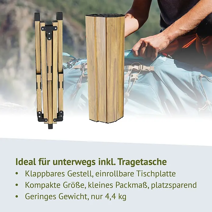 SVITA Campingtisch - L x B x H: 60 x 119 x 44,5 cm, Beige - Zusammengeklappter Camping-Tisch in Holzoptik mit Gestell und aufgerollter Platte, kompakt für den Transport vor Outdoor-Hintergrund.
