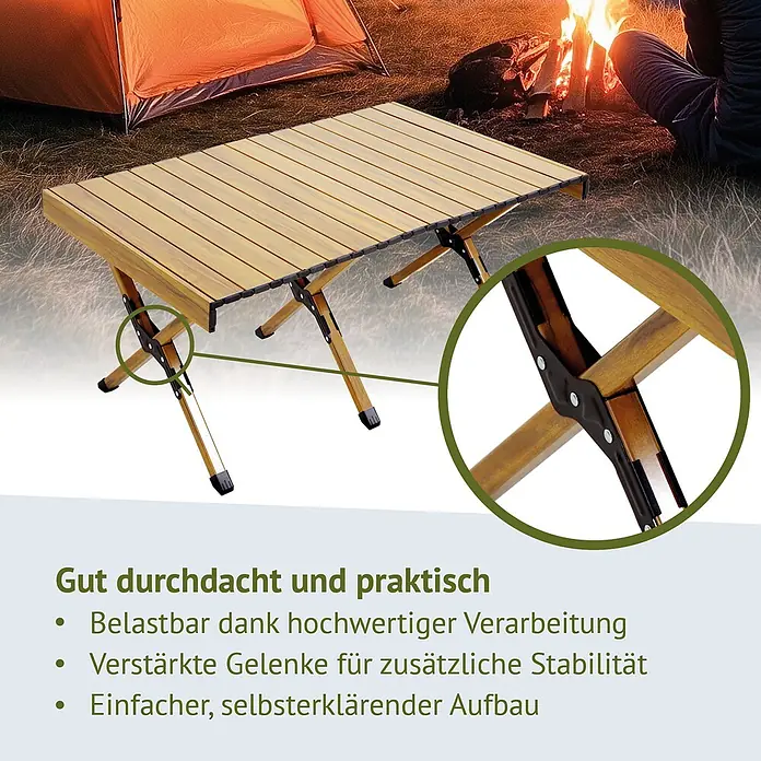 SVITA Campingtisch - L x B x H: 60 x 119 x 44,5 cm, Beige - Hölzerner Campingtisch mit Lattenplatte und verstärkten schwarzen Gelenken, im Freien vor Zelt und Lagerfeuer.