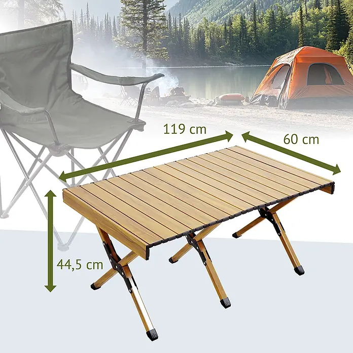 SVITA Campingtisch - L x B x H: 60 x 119 x 44,5 cm, Beige - Klappbarer Camping-Rolltisch in Holzoptik, 119x60x44,5 cm, vor Campingkulisse mit Stuhl & Zelt.
