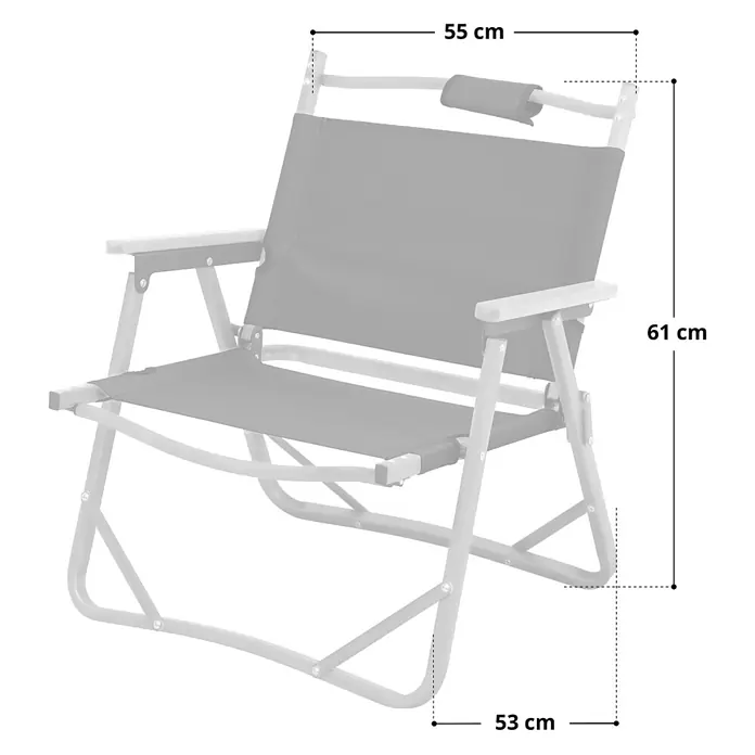 SVITA Campingstuhl - 1 Stk., Aluminium in Holzoptik, Klappbar, Schwarz, B x T x H: 55 x 53 x 61 cm - Klappbarer Campingstuhl mit grauem Stoff und hellem Gestell, Gesamtmaße angezeigt.