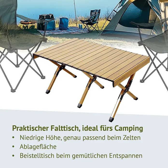 SVITA Campingtisch - L x B x H: 60 x 119 x 44,5 cm, Beige - Niedriger, klappbarer Campingtisch aus Holzlatten mit X-Gestell, ideal für den Outdoor-Einsatz neben einem Zelt.