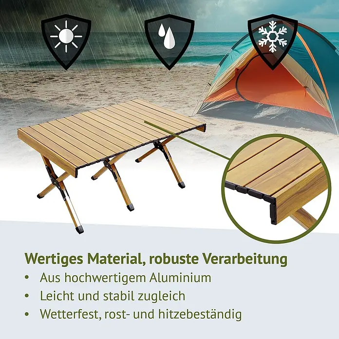 SVITA Campingtisch - L x B x H: 60 x 119 x 44,5 cm, Beige - Ein klappbarer Campingtisch aus Aluminium in Holzoptik, langlebig und wetterfest, am Strand mit Zelt.