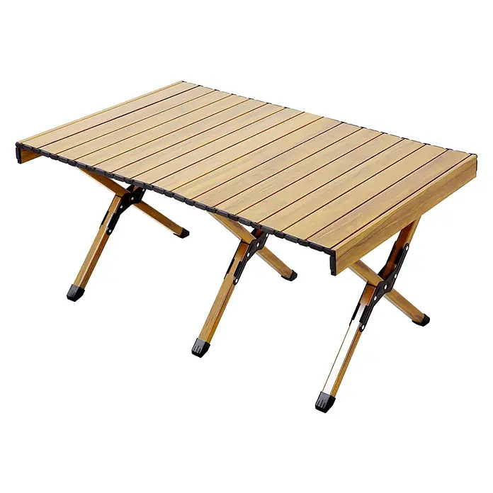 SVITA Campingtisch - L x B x H: 60 x 119 x 44,5 cm, Beige - Klappbarer Campingtisch mit hellbraunen Holzlatten und schwarzen Klappbeinen aus Metall.