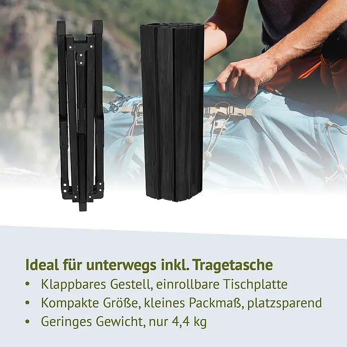 SVITA Campingtisch - L x B x H: 60 x 119 x 44,5 cm, Schwarz - Gefalteter schwarzer Campingtischrahmen und zusammengerollte schwarze Tischplatte für den Transport.